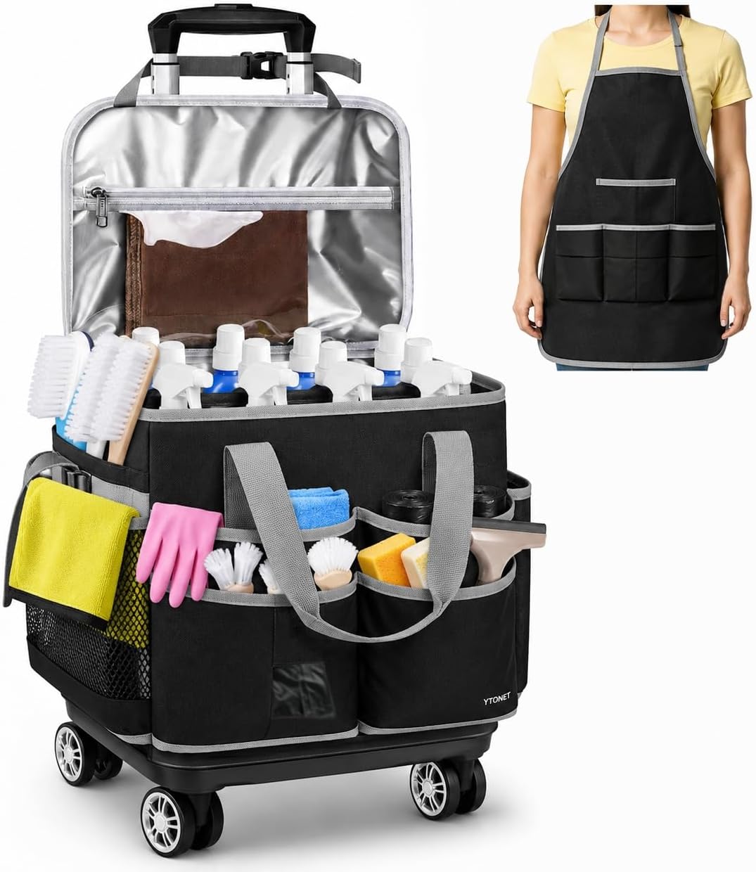 Rolling Cleaning Caddy Bag with Apron, Cleaning Caddy with 4 Wheels |